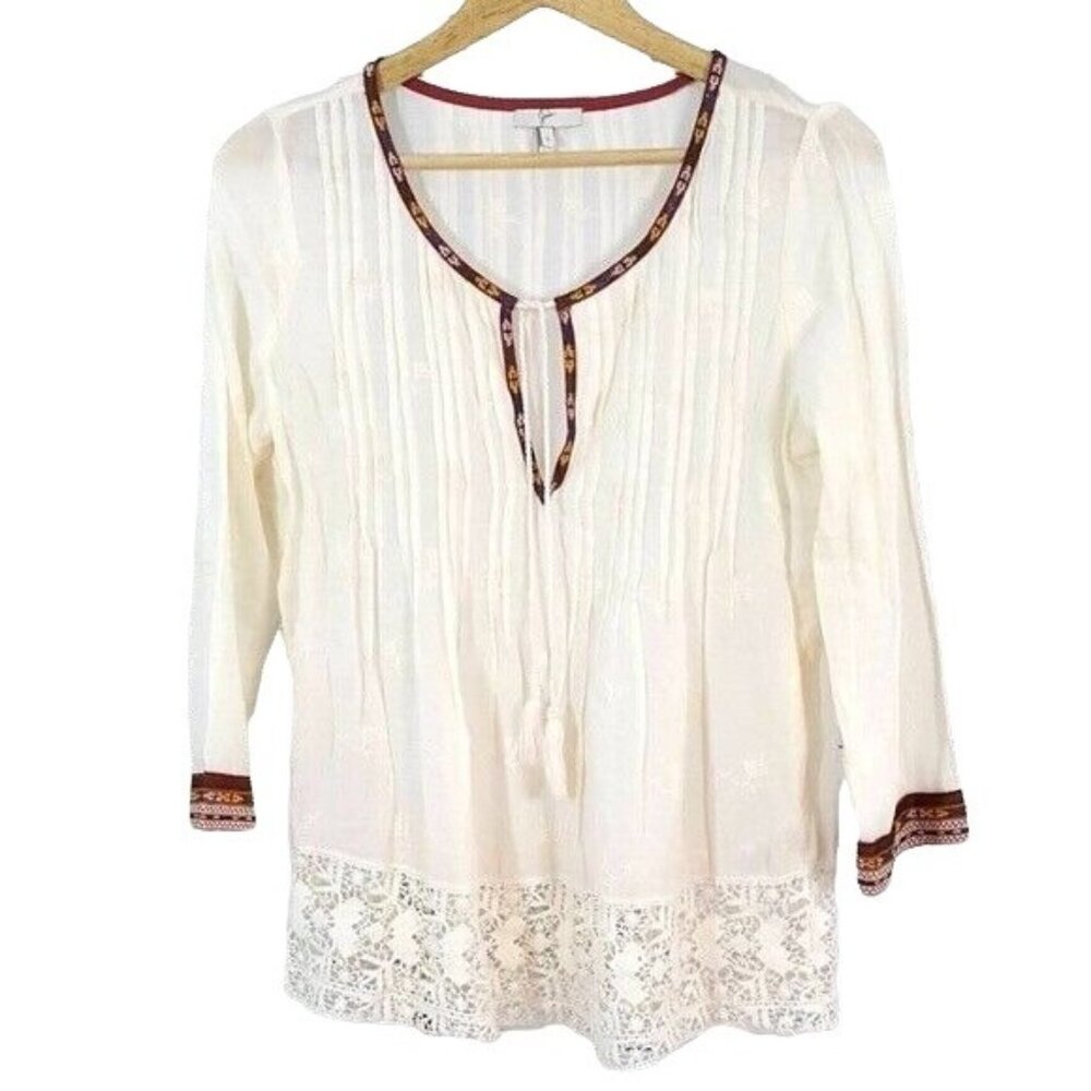 Joie Gustavie Embroidered Top Cream Red Size Small Tassel Lace Hem Pintuck Pleat